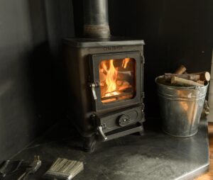 Wood burner inside the Merlin Shepherds Hut